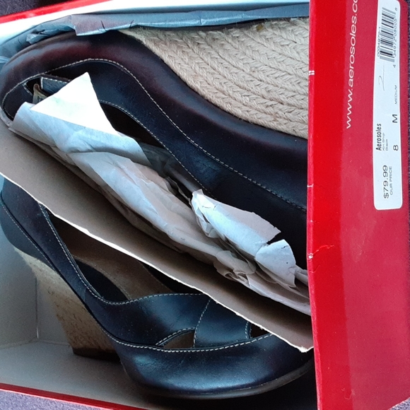 Aerosoles Kin Ship Leather Peep Toe Heels Wedges 8M - Picture 2 of 9